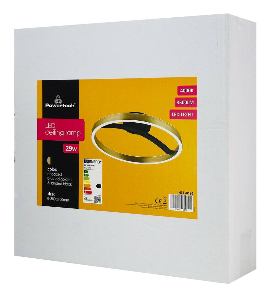 POWERTECH LED φωτιστικό οροφής HLL-0199, 29W, 4000K, Φ38x10cm, χρυσό/μαύρο HLL-0199