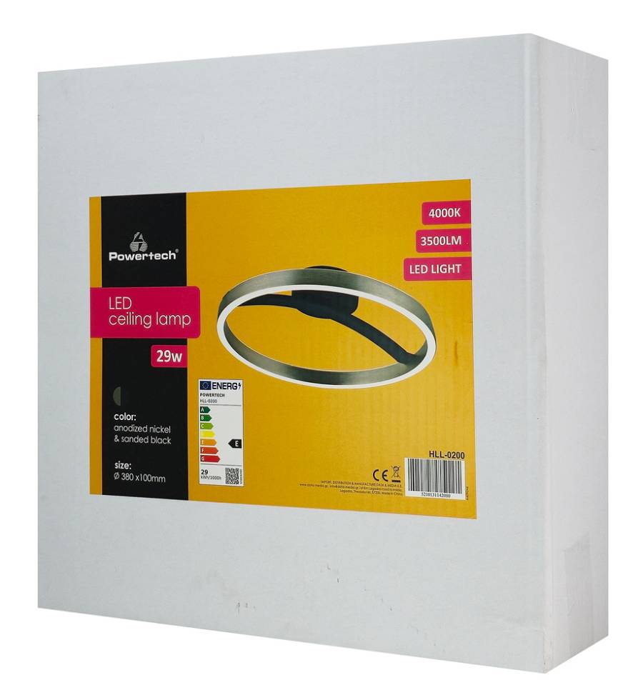 POWERTECH LED φωτιστικό οροφής HLL-0200, 29W, 4000K, Φ38x10cm, ασημί/μαύρο HLL-0200