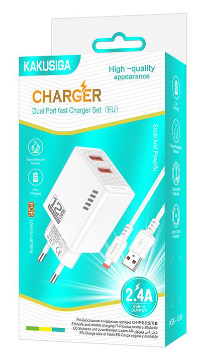 KAKUSIGA φορτιστής τοίχου KSC-1238 με καλώδιο Lightning, 2x USB, 12W, λευκός KSC-1238-L-WH