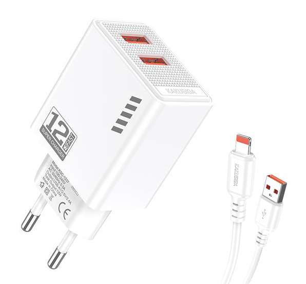 KAKUSIGA φορτιστής τοίχου KSC-1238 με καλώδιο Lightning, 2x USB, 12W, λευκός KSC-1238-L-WH