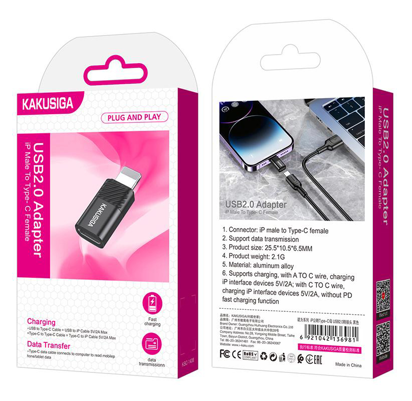 KAKUSIGA αντάπτορας Lightning σε USB-C KSC-1408, 480Mbps, 2A, μαύρος KSC-1408