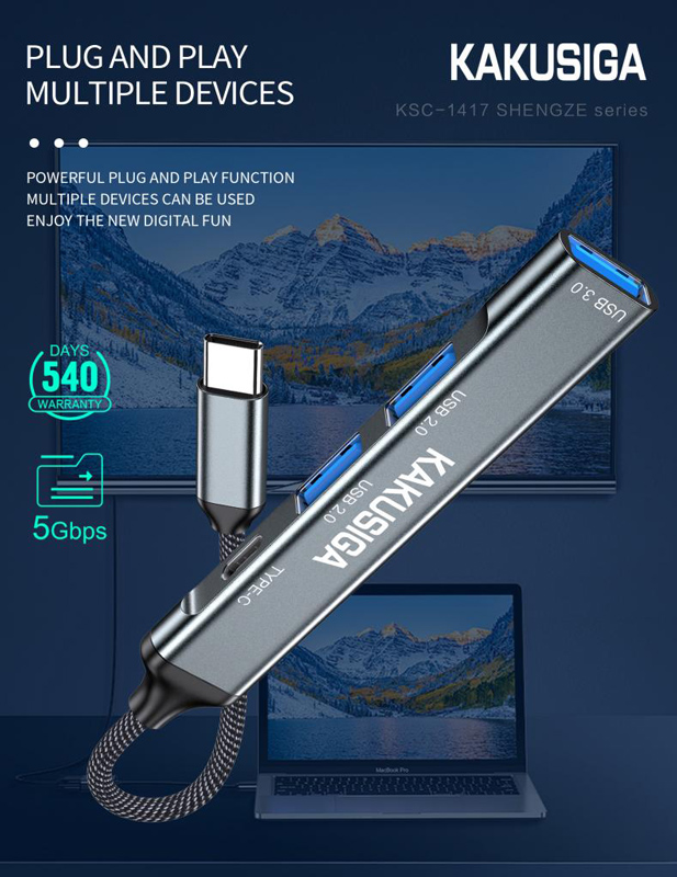 KAKUSIGA USB hub KSC-1417, 4x θυρών, USB 3.0, 5Gbps, USB-C σύνδεση, γκρι KSC-1417