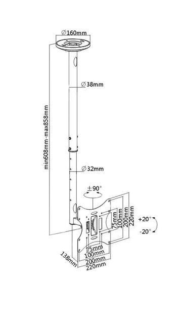BRATECK βάση τηλεόρασης οροφής LCD-504A, 23-42, έως 30kg LCD-504A