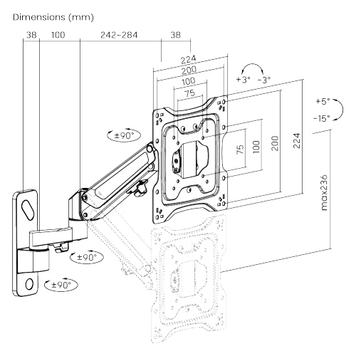 BRATECK επιτοίχια βάση τηλεόρασης LDA33-222, 23-43, έως 23kg, full motion LDA33-222