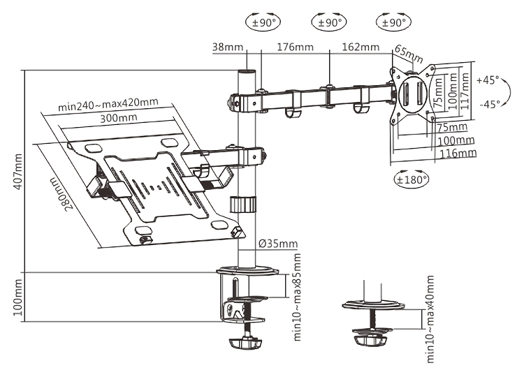 BRATECK βάση γραφείου οθόνης LDT66-C024ML, 17-32, έως 9kg, με θέση για laptop LDT66-C024ML