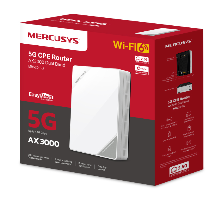 MERCUSYS Router MB520-5G με θύρα τηλεφώνου, 5G, AX3000 Dual Band WiFi 6, 3000Mbps, V.1.0 MB520-5G