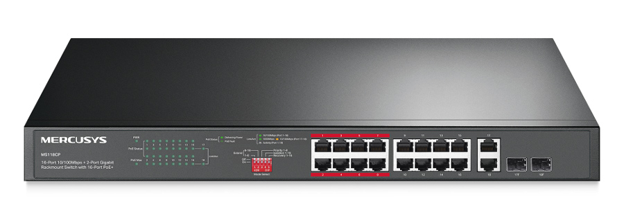 MERCUSYS rackmount switch MS118CP, 16x 10/100Mbps PoE+ & 2x Gigabit θύρες, UN/1.0 MS118CP