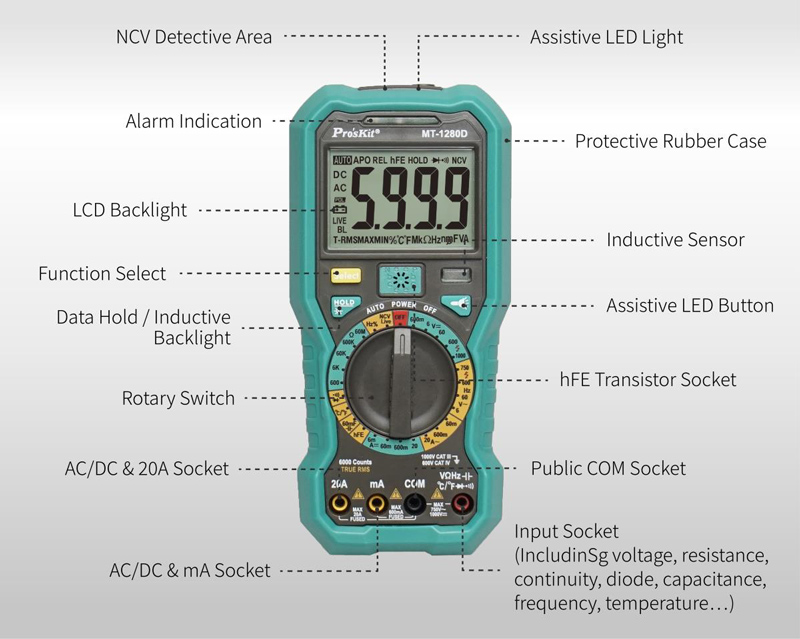 PROSKIT ψηφιακό πολύμετρο MT-1280D, 1000V DC, NVC, True RMS MT-1280D