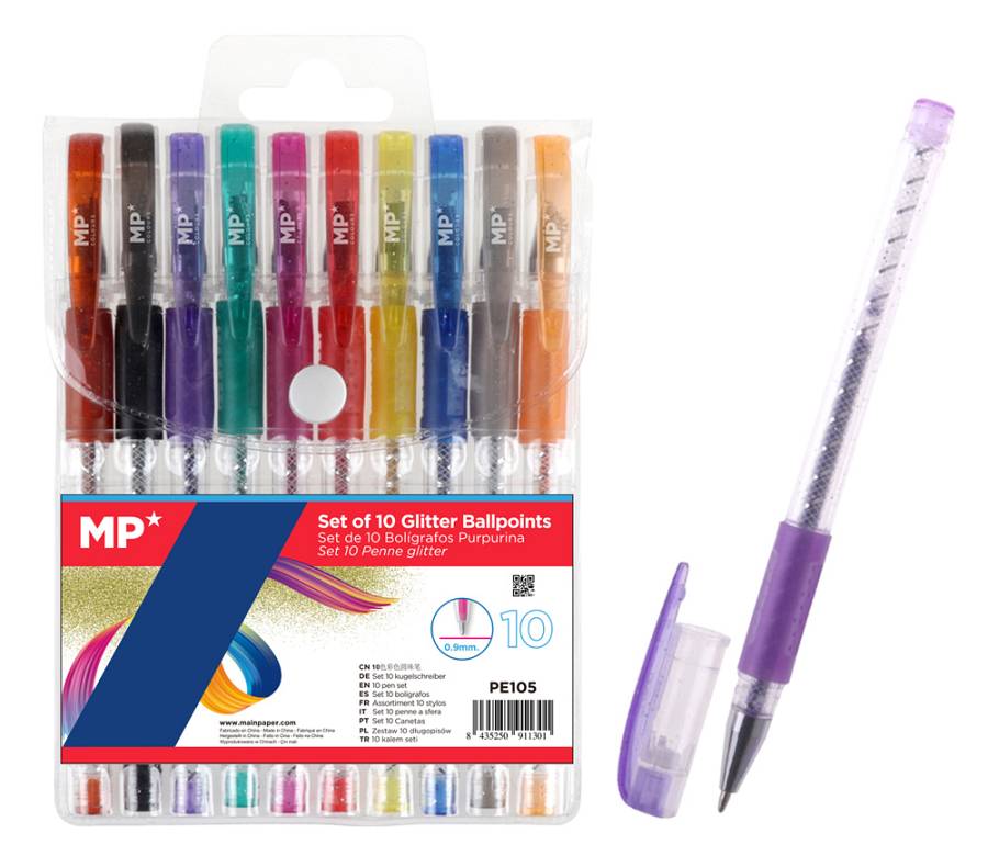 MP σετ στυλό διαρκείας ballpoint PE105 με glitter, 0.9mm, διάφορα χρώματα, 10τμχ PE105