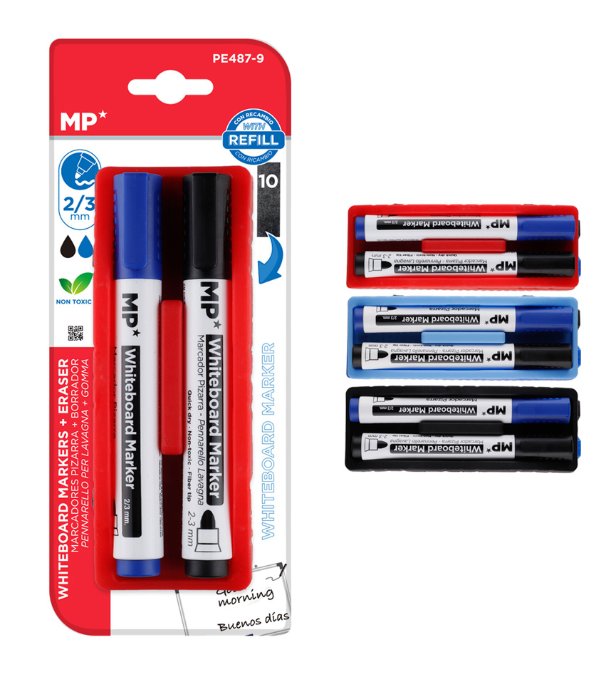 MP μαρκαδόροι & σφουγγάρι ασπροπίνακα PE487-9, 2/3mm μαύρος & μπλε, 2τμχ PE487-9