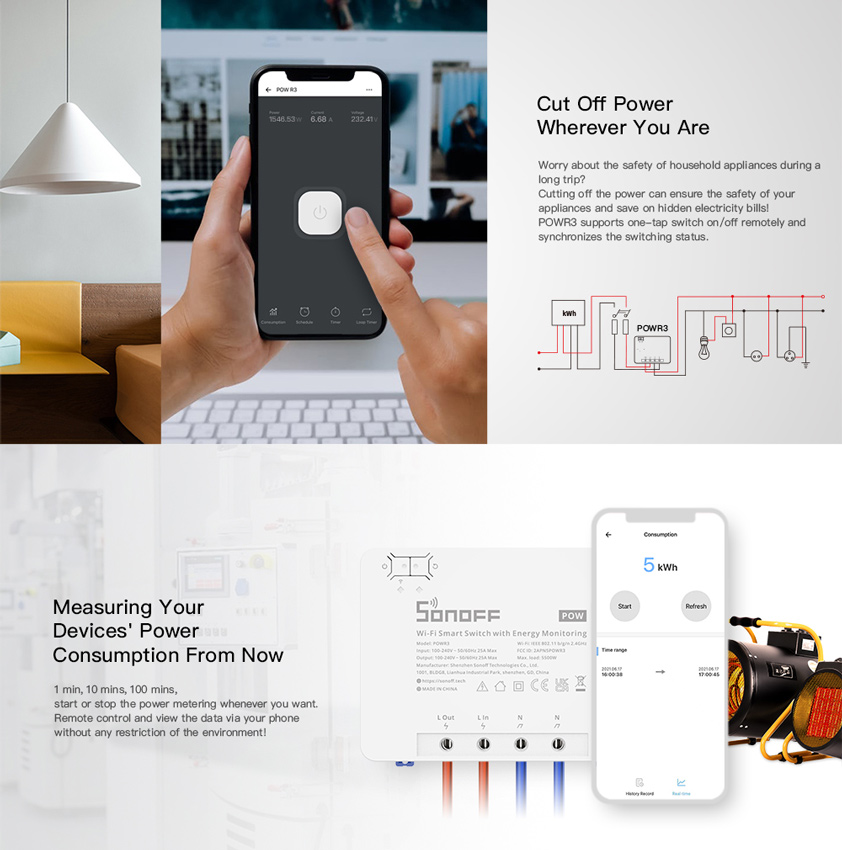 SONOFF smart διακόπτης παρακολούθησης ισχύος POWR3, WiFi, 25A, λευκός POWR3