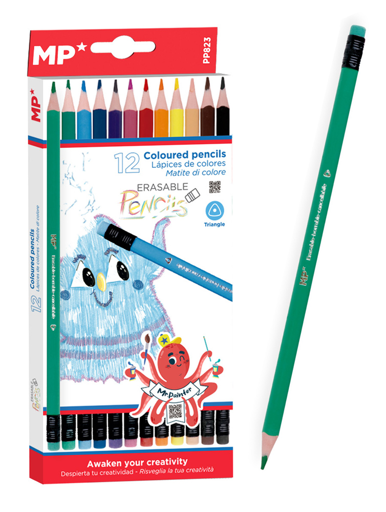 MP χρωματιστές ξυλομπογιές PP823 με γόμα, τρίγωνες, 12τμχ PP823