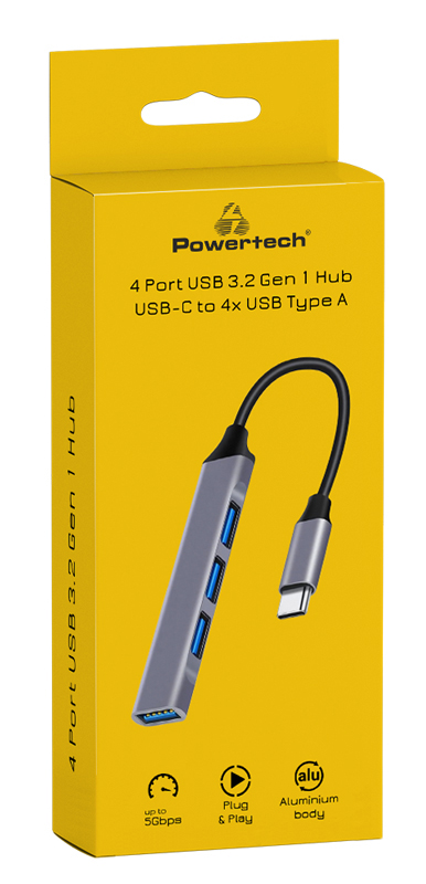 POWERTECH USB hub PT-1113, 4x θυρών, 5Gbps, USB-C σύνδεση, γκρι PT-1113