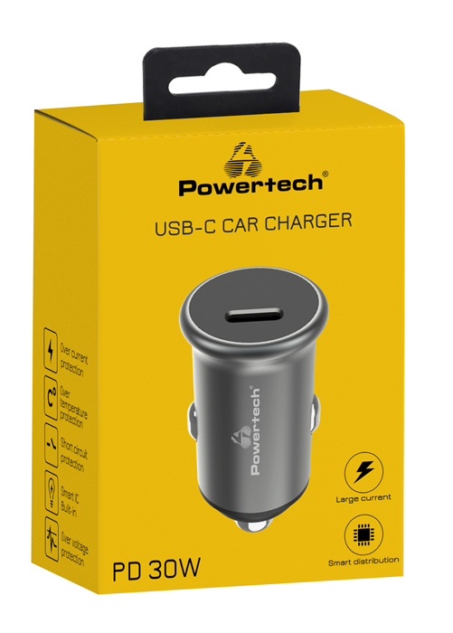 POWERTECH φορτιστής αυτοκινήτου PT-1147, USB-C, 30W PD, γκρι PT-1147