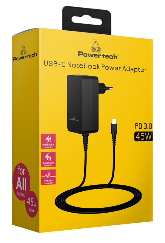 POWERTECH φορτιστής laptop PT-1155, USB-C PD, universal, 45W, μαύρος PT-1155
