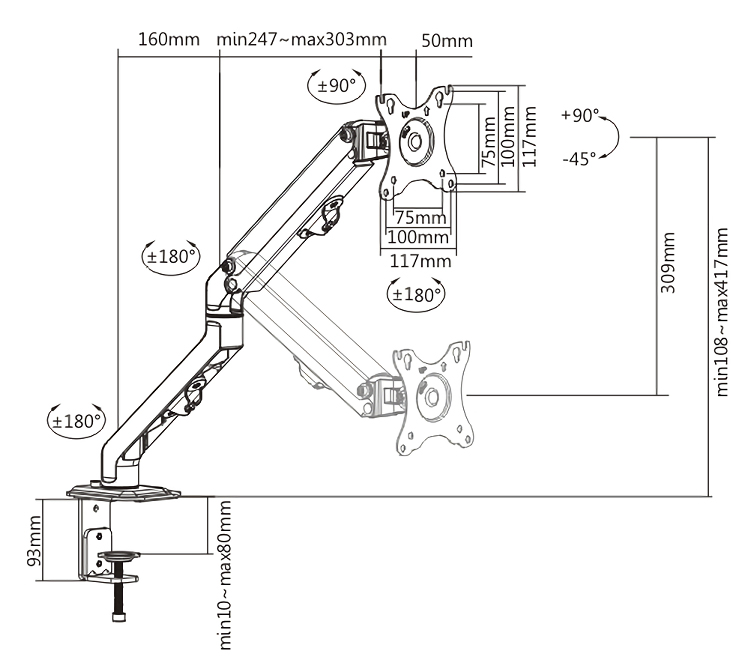 POWERTECH βάση γραφείου οθόνης PT-1365, 17-27, έως 7kg PT-1365