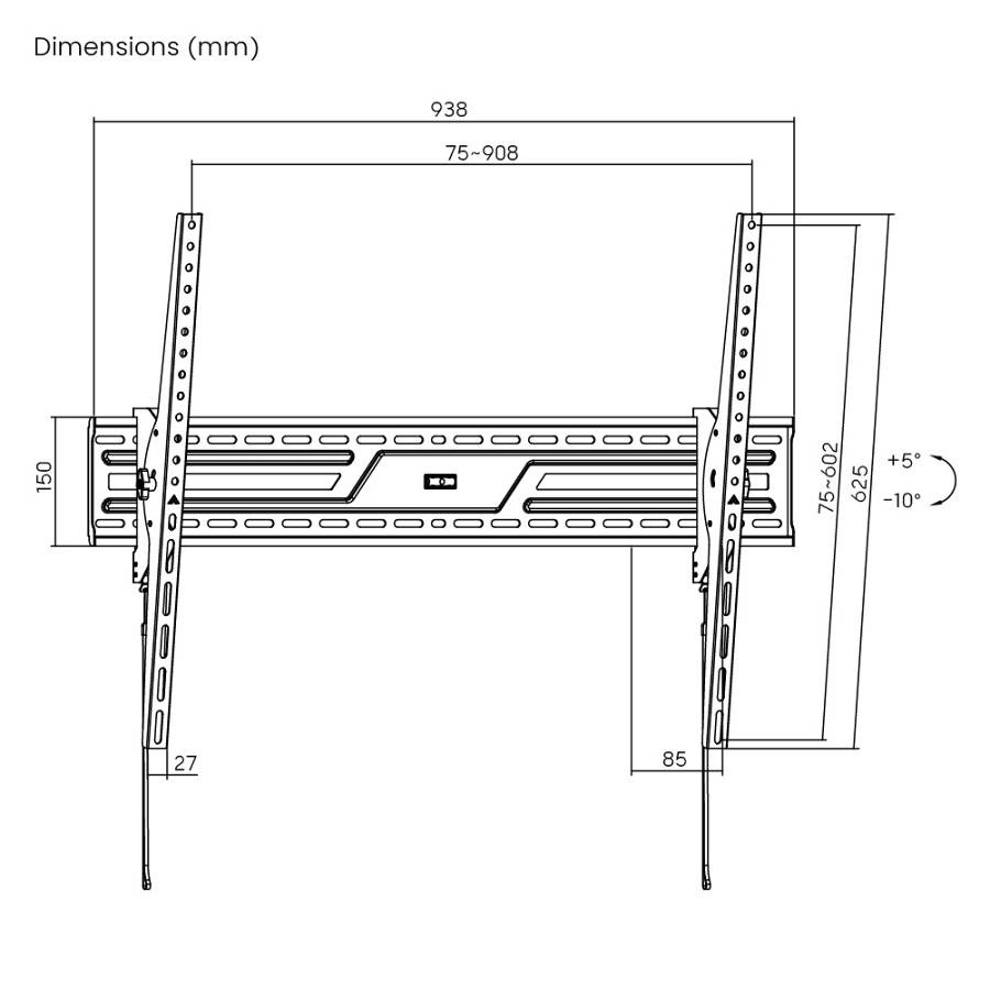 POWERTECH επιτοίχια βάση τηλεόρασης PT-1368, 43-100, έως 75kg, ρυθμιζόμενη κλίση PT-1368