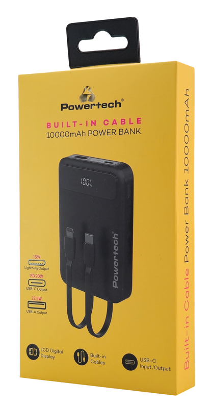 POWERTECH power bank με καλώδια και οθόνη PT-1417 10000mAh, 22.5W, μαύρο PT-1417