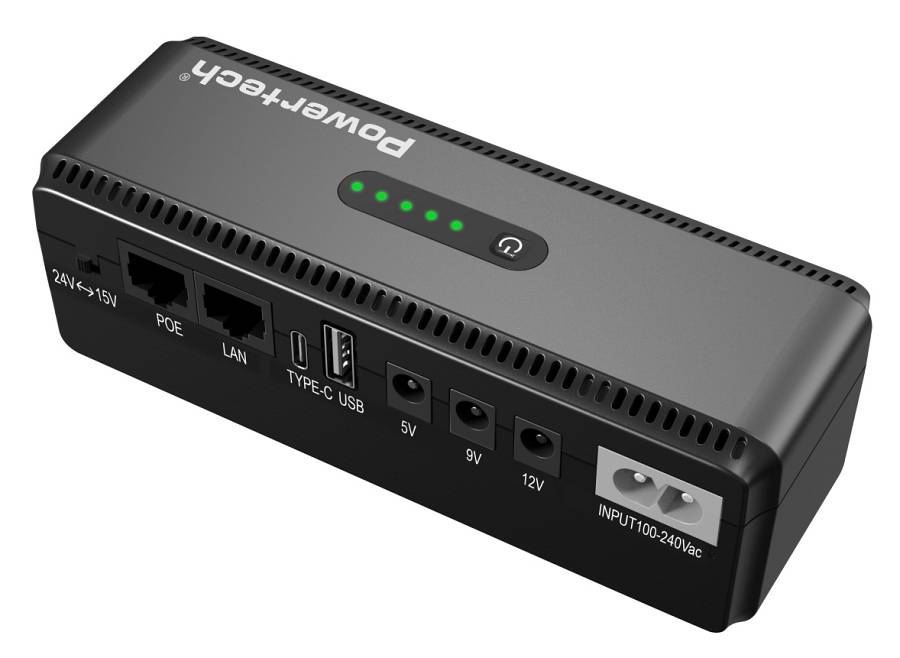POWERTECH mini DC UPS PT-1436, 18W, 8800mAh, 3x DC, USB/USB-C/LAN/POE, μαύρο PT-1436