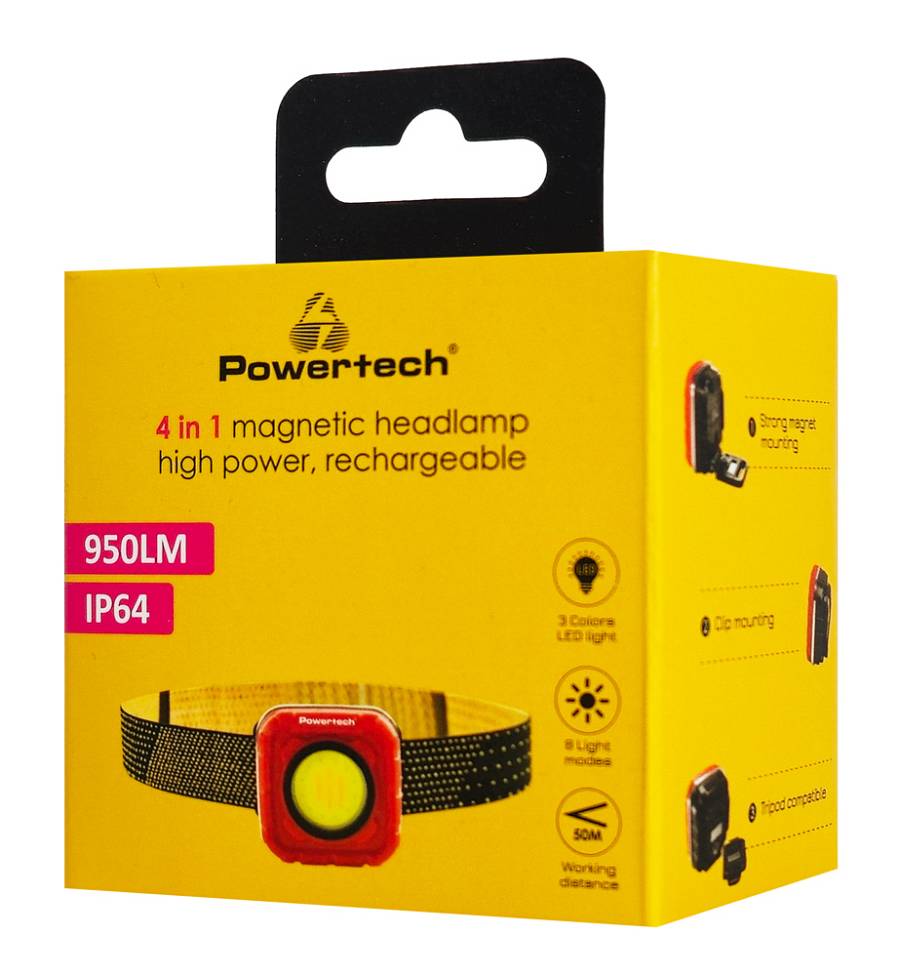 POWERTECH LED φακός κεφαλής PT-1548, 4 σε 1, επαναφορτιζόμενος, 950lm, IP64, κόκκινος PT-1548