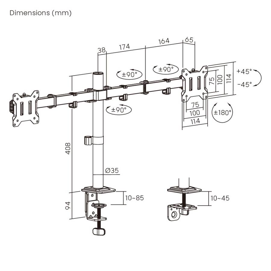 POWERTECH βάση γραφείου για 2x οθόνες PT-1552, 17-32, έως 10kg PT-1552