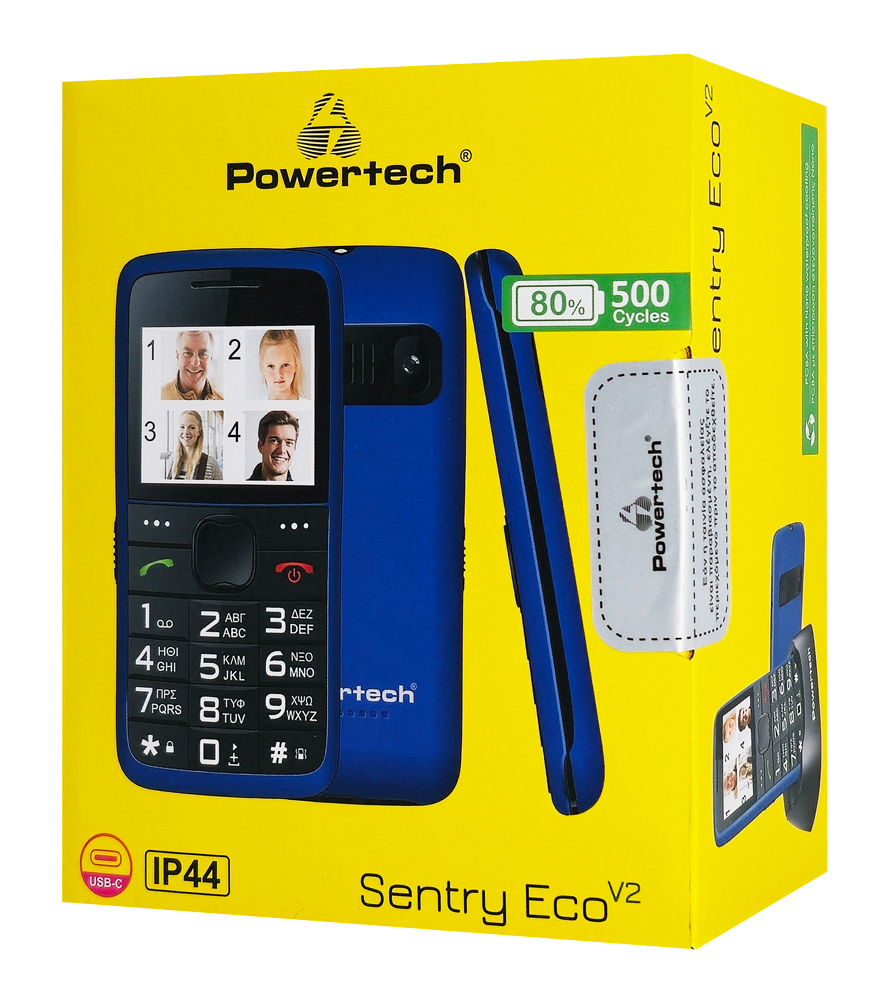POWERTECH κινητό τηλέφωνο Sentry Eco V2, dual SIM, πλήκτρο SOS, μπλε PTM-24