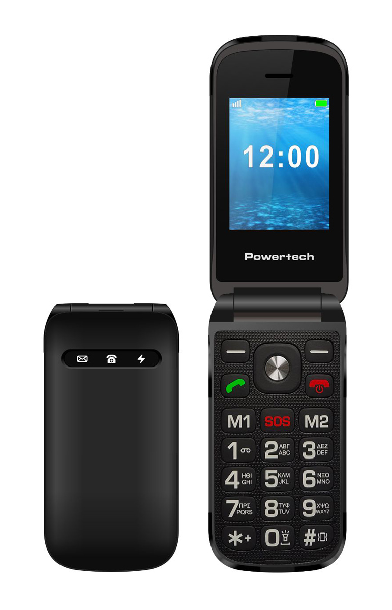 POWERTECH κινητό τηλέφωνο Milly Flip V2, 2.4, dual SIM, πλήκτρο SOS, μαύρο PTM-38
