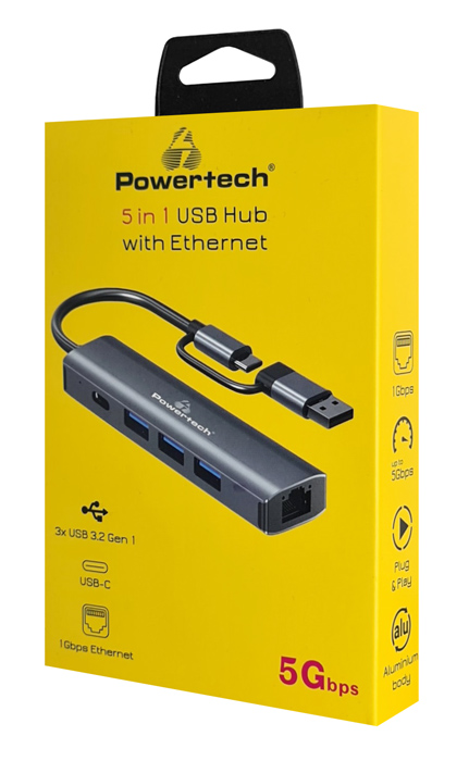 POWERTECH USB hub PTR-0150 με θύρα δικτύου, 4 θυρών, USB & USB-C, γκρι PTR-0150