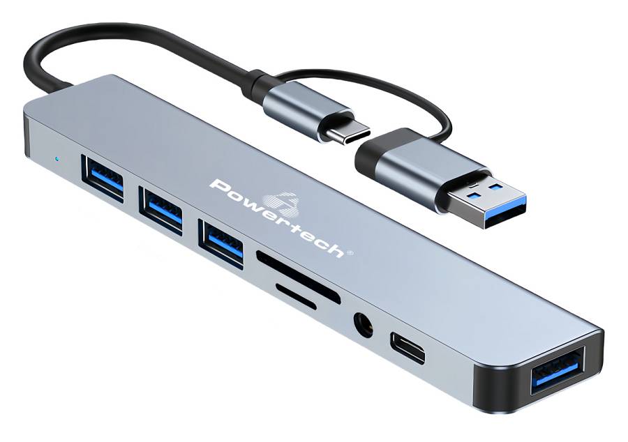 POWERTECH USB hub PTR-0151 με card reader, 8 θυρών, USB & USB-C, γκρι PTR-0151