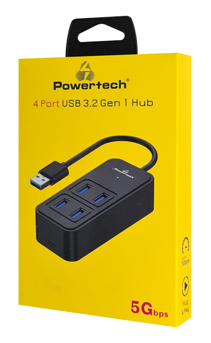 POWERTECH USB 3.2 hub PTR-0153, 4x θυρών, 5Gbps, USB σύνδεση, μαύρο PTR-0153