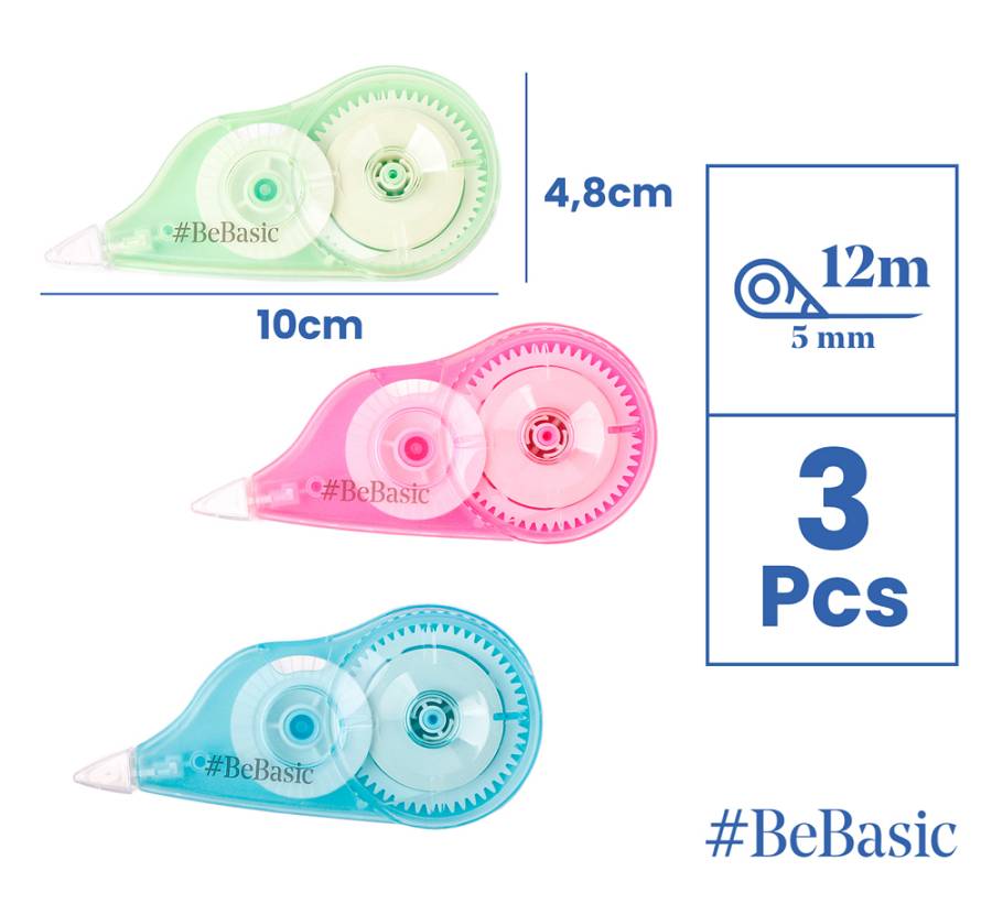 BEBASIC σετ διορθωτική ταινία S063, 5mm x 12m, μπλε/πράσινη/ροζ, 3τμχ S063