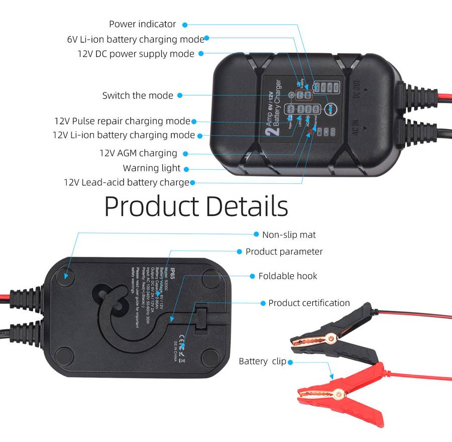 BYGD φορτιστής & συντηρητής μπαταρίας αυτοκινήτου S2000, 6-12V/2A S2000
