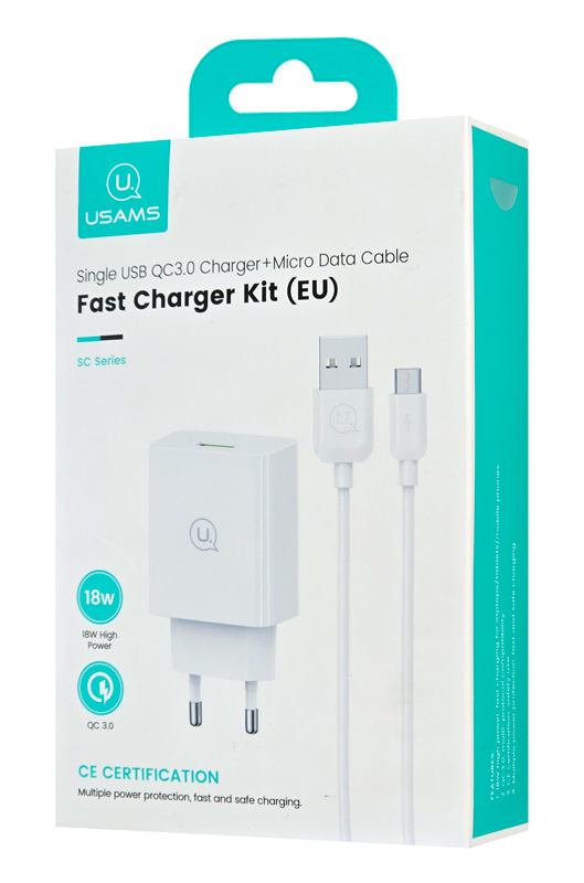 USAMS φορτιστής τοίχου SCXLTZ01 με καλώδιο micro USB, USB, 18W, λευκός SCXLTZ01