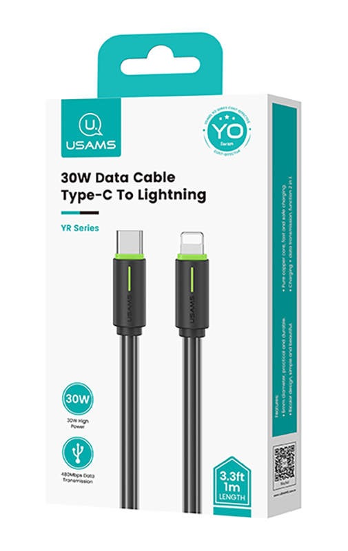 USAMS καλώδιο Lightning σε USB-C US-SJ735, 30W, 480Mbps, 1m, μαύρο SJ735USB01