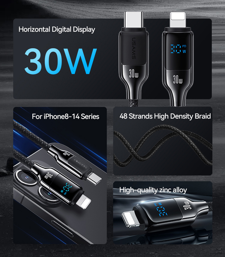 USAMS καλώδιο Lightning σε USB-C SJ741, 30W, 480Mbps, 1.2m, μαύρο SJ741USB01