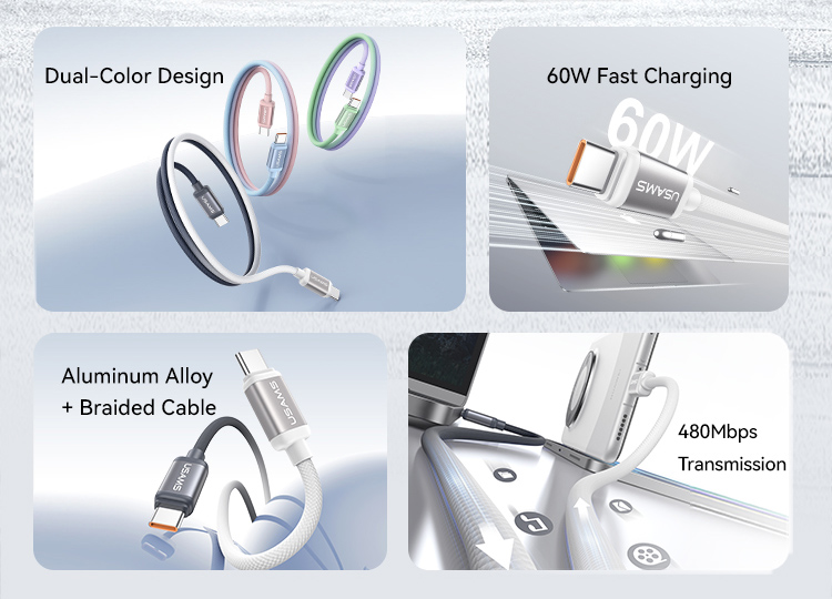 USAMS καλώδιο USB-C SJ756, 60W, 480Mbps, 1.2m, μαύρο/λευκό SJ756USB01