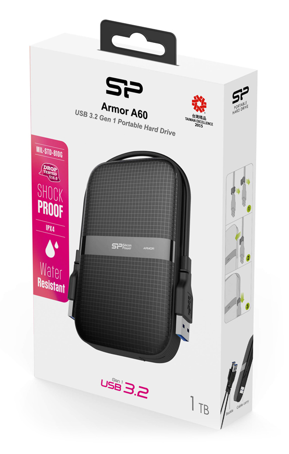 SILICON POWER εξωτερικός HDD Armor A60, 1TB, USB 3.2, μαύρος SP010TBPHDA60S3A