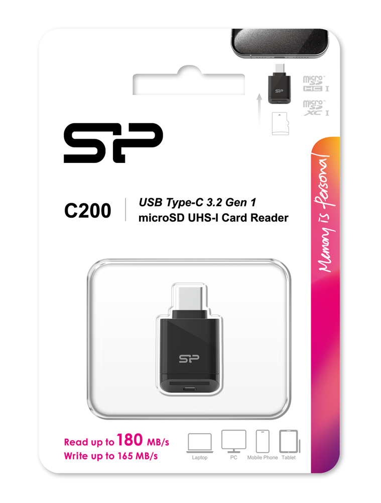 SILICON POWER card reader C200 για micro SD, USB-C, USB 3.2, 180/165MBps, μαύρο SPU3CTMREDC2000K