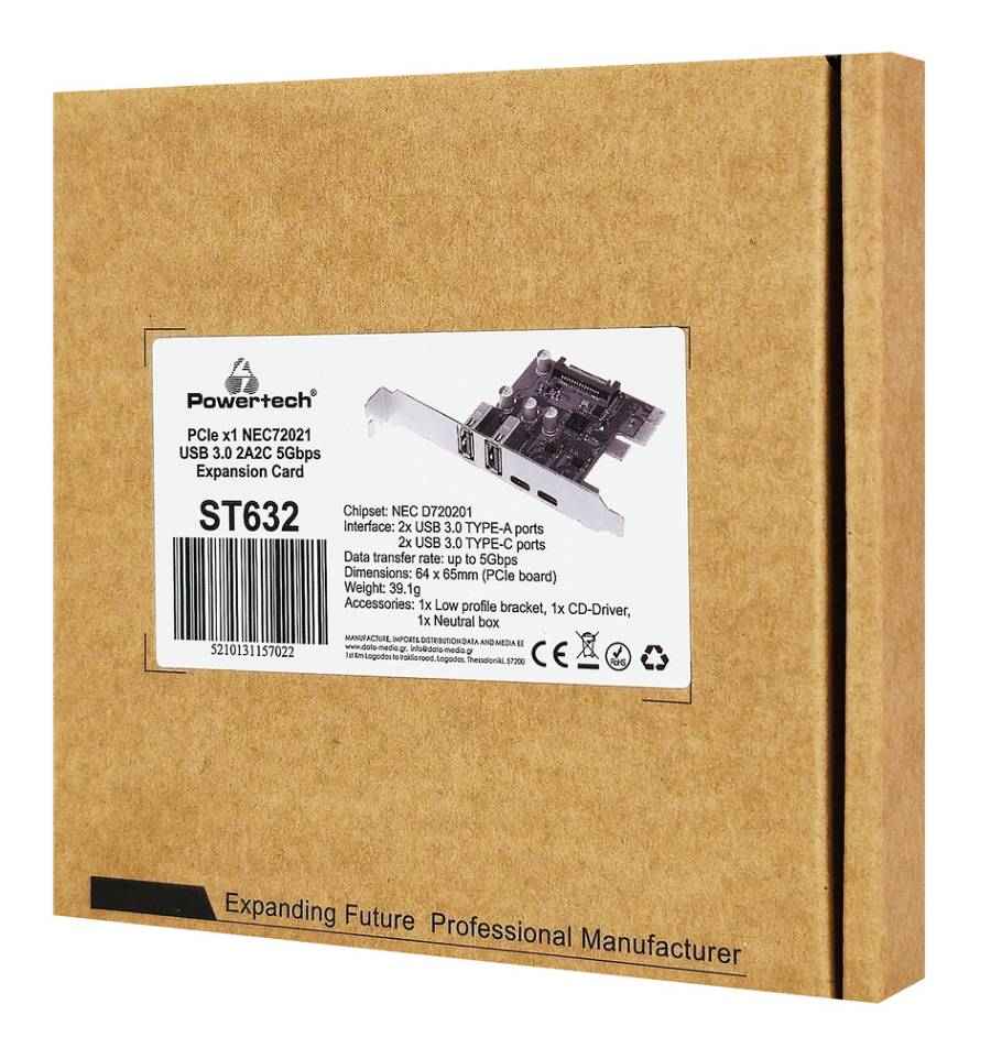 POWERTECH κάρτα επέκτασης PCIe σε 2x USB & 2x USB-C ST632, 5Gbps, NEC D720201 ST632