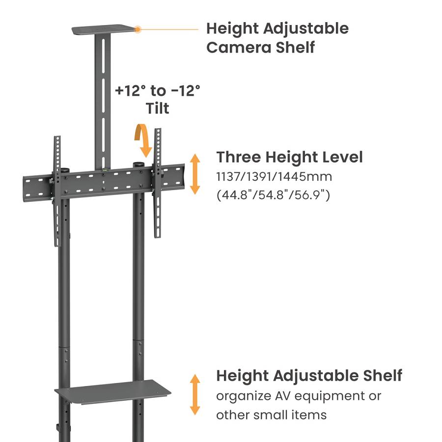 BRATECK βάση τηλεόρασης δαπέδου T1042T, 37-70, έως 45kg, με ράφια & ροδάκια T1042T