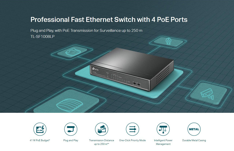 TP-LINK desktop switch TL-SF1008LP, 8-Port 10/100Mbps, 4x PoE, Ver. 2.0 TL-SF1008LP