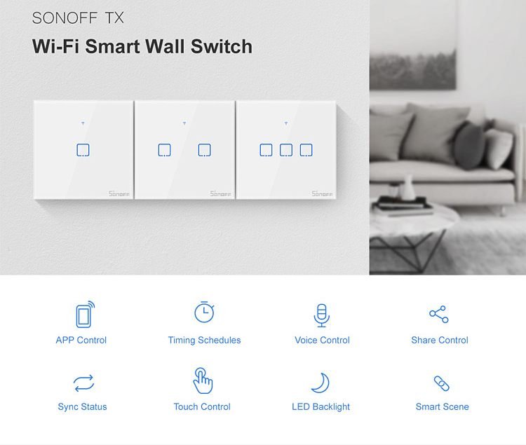 SONOFF smart διακόπτης ΤΧ-T2EU3C, αφής, Wi-Fi, τριπλός, λευκός TX-T2EU3C