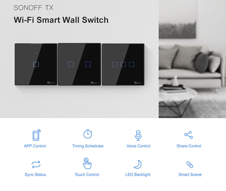 SONOFF smart διακόπτης ΤΧ-T3EU3C, αφής, Wi-Fi, τριπλός, μαύρος TX-T3EU3C