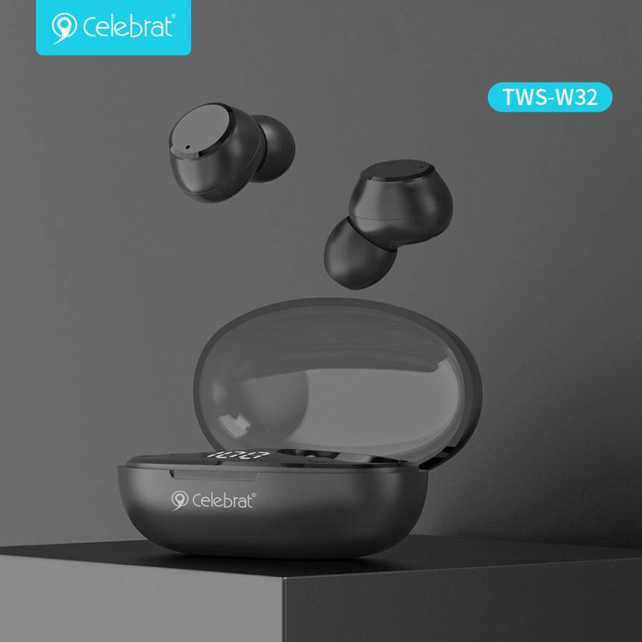 CELEBRAT earphones με θήκη φόρτισης TWS-W32, True Wireless, Φ8mm, μαύρα W32-BK
