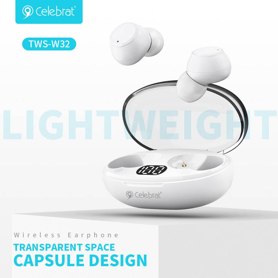 CELEBRAT earphones με θήκη φόρτισης TWS-W32, True Wireless, Φ8mm, λευκά W32-WH