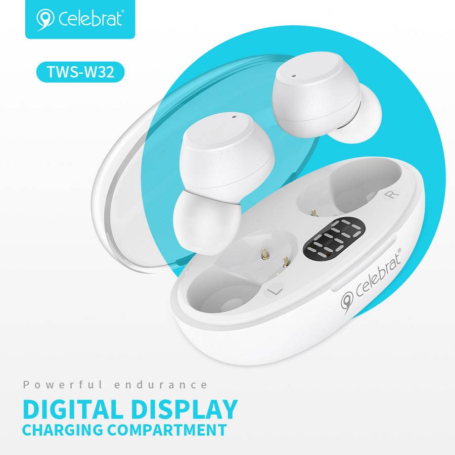 CELEBRAT earphones με θήκη φόρτισης TWS-W32, True Wireless, Φ8mm, λευκά W32-WH