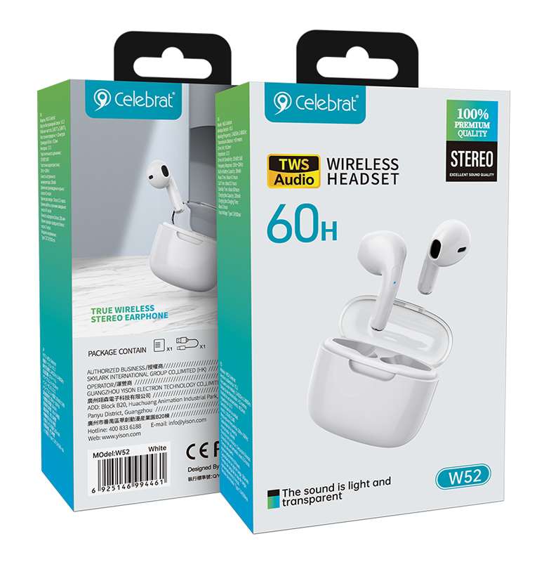 CELEBRAT earphones με θήκη φόρτισης W52, True Wireless, Φ13mm, λευκά W52-WH