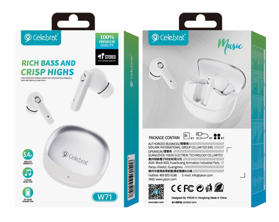CELEBRAT earphones με θήκη φόρτισης W71, True Wireless, 10mm, 30/200mAh, λευκά W71-WH