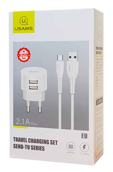 USAMS φορτιστής τοίχου T20 & καλώδιο type-C, 2x USB, 2.1A, λευκός XTXLOGT18TC05