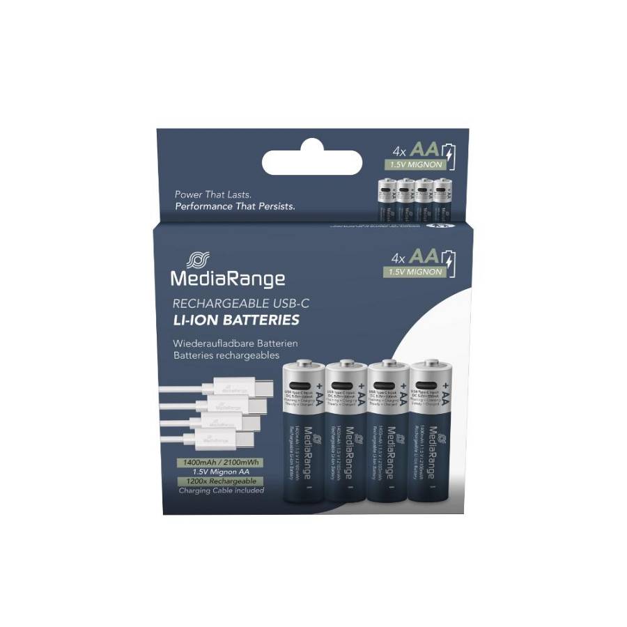 MediaRange Rechargeable USB-C Li-Ion Batteries, Mignon AA I 1.5V I 1.400mAh, 4-Pack (MRBAT161)